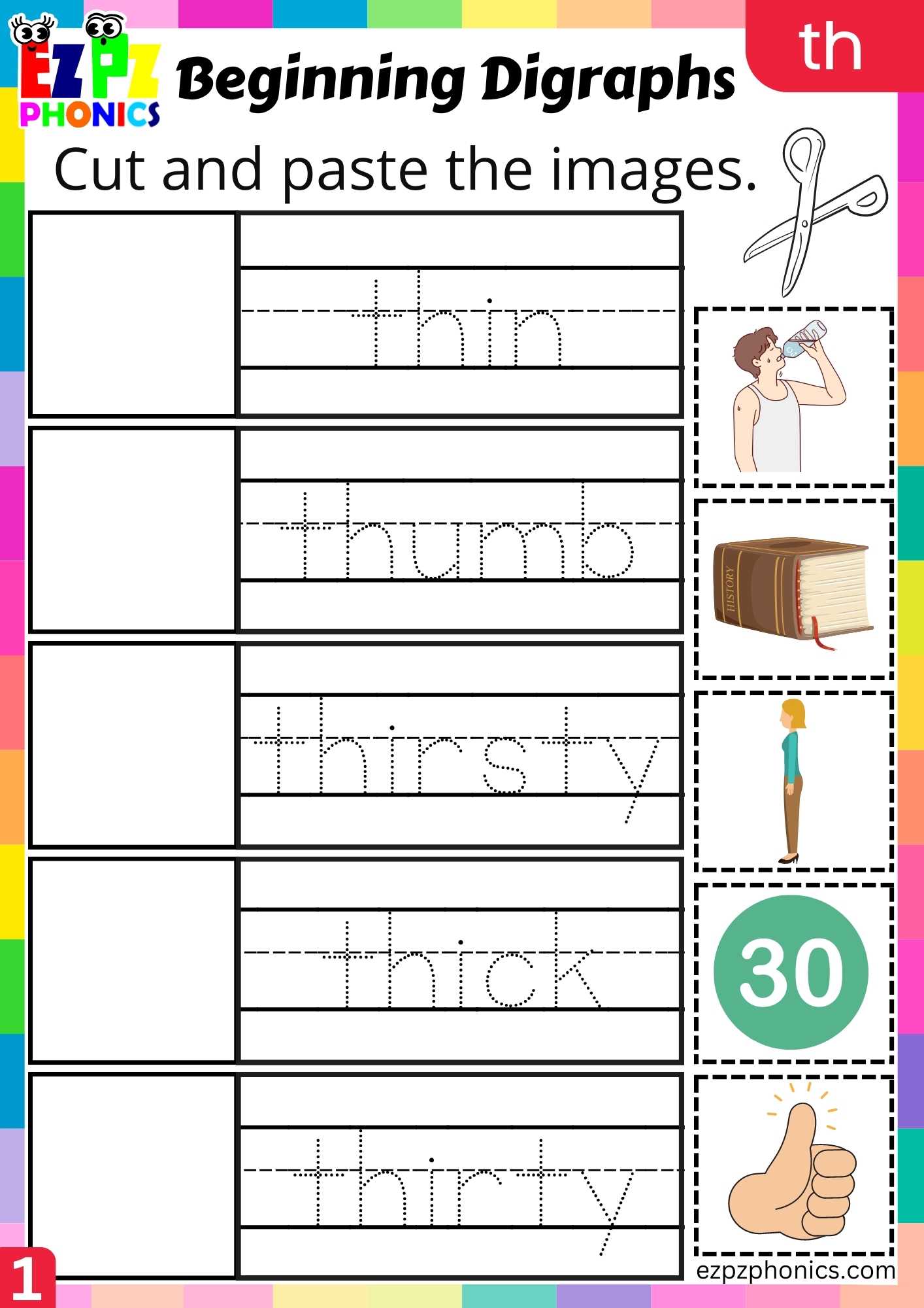 Group1 TH Words Cut And Paste The Images Consonant Digraphs Phonics Beginning Worksheet